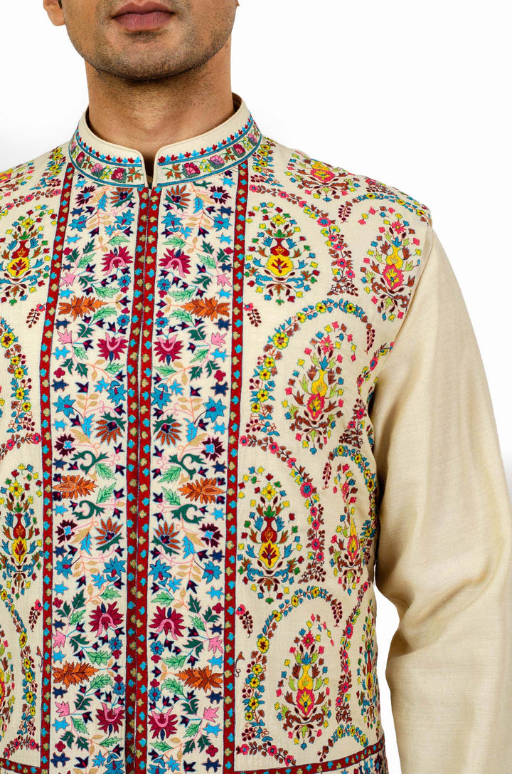 Beige Multicolored Kashmiri Bundi Kurta Set