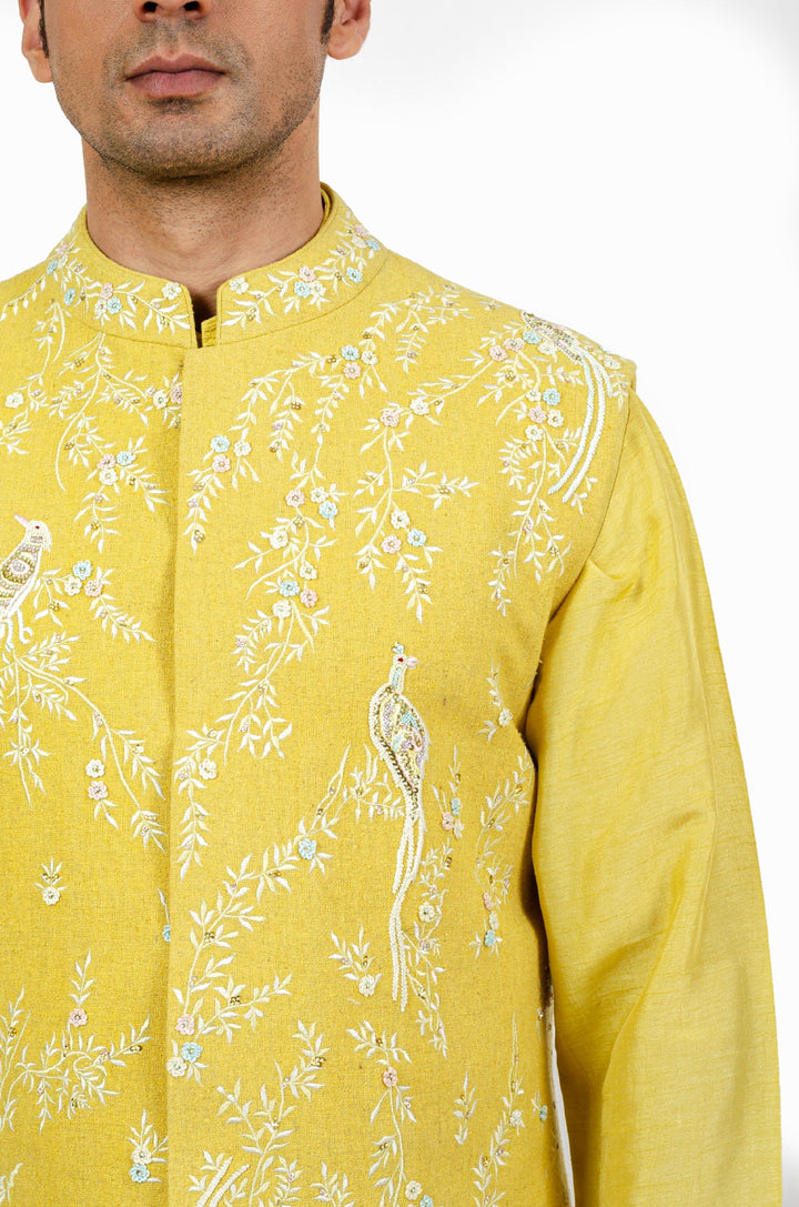 Yellow Floral Embroidered Bundi Kurta Set