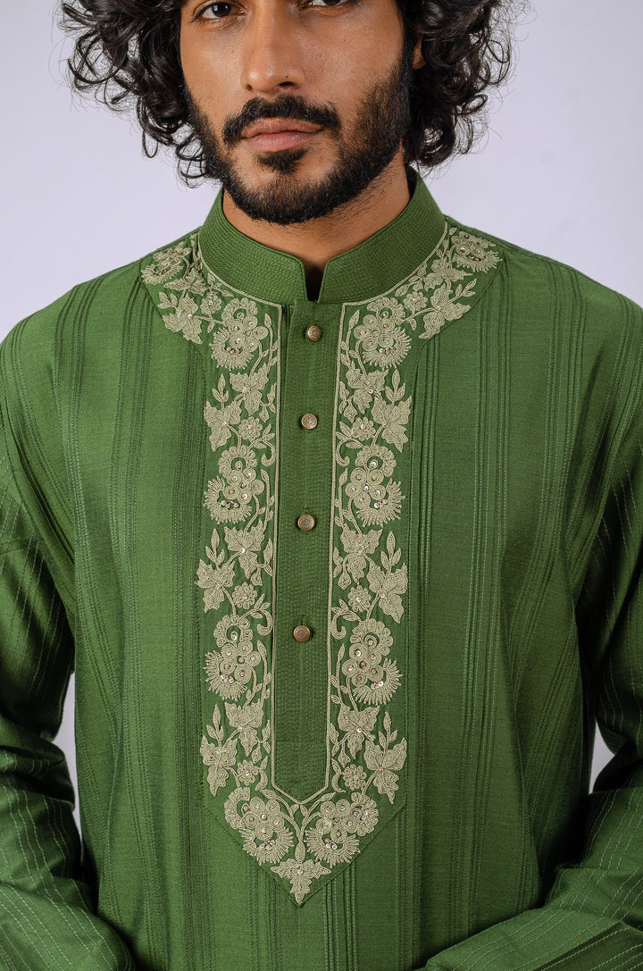 MEHENDI GREEN ALL OVER PANNEL PINTICK WITH KIRAN DORI NECKLINE KURTA (only kurta)