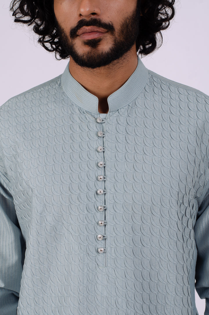 GRAYISH BLUE ALLOVER MOON PINTUCK WITH LOOP BUTTON KURTA (only kurta)