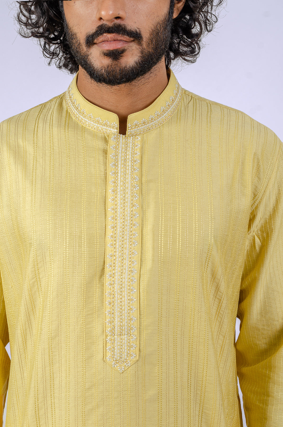 LIGHT YELLOW ALLOVER STITCHLINE WITH THREAD & ZARI WITH NECKLINE KURTA (only kurta)