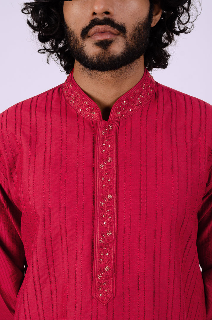 RED ALLOVER PATCH LINE WITH EMBROIDERED PLACKET KURTA (only kurta)