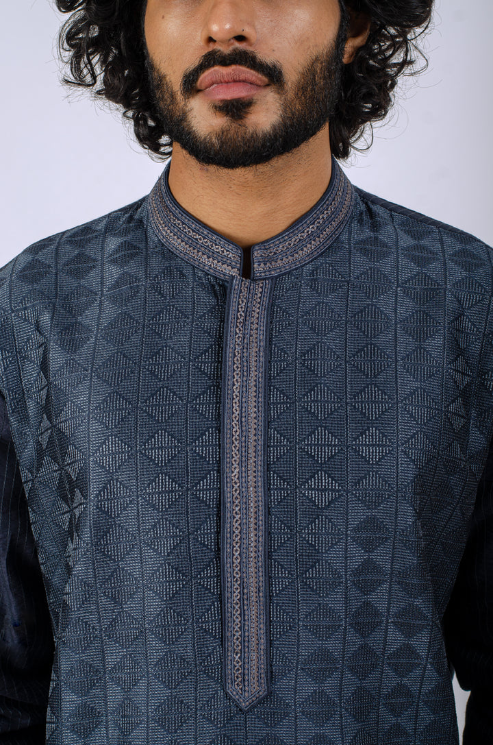 CHARCOAL GRAY ALLOVER MACHINE EMBROIDERY KURTA (only kurta)