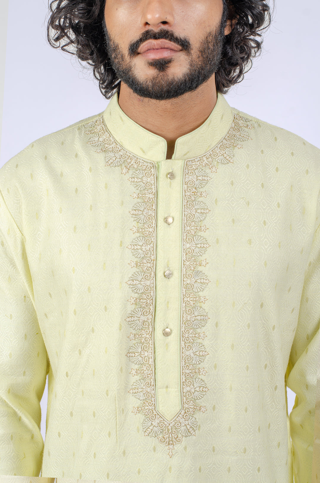 LEMON YELLOW JACQUARD EMBROIDERED NECKLINE KURTA (only kurta)