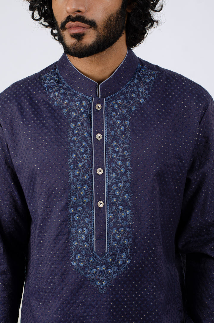 NAVY BLUE MACHINE EMBROIDERED NECKLINE KURTA (only kurta)