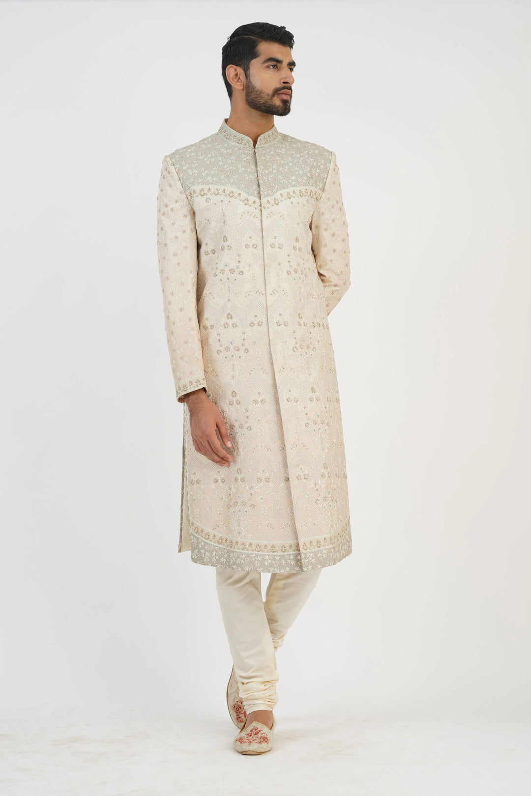 Light Beige Aari Embroidery and hand highlighted Sherwani