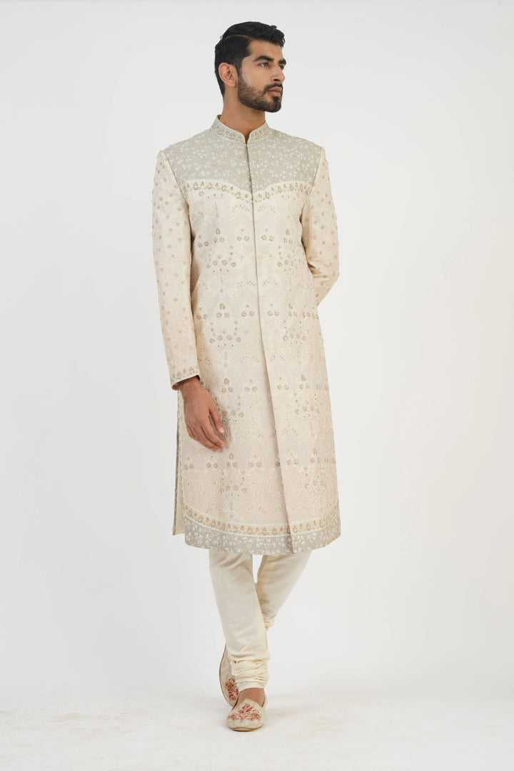 Light Beige Aari Embroidery and hand highlighted Sherwani