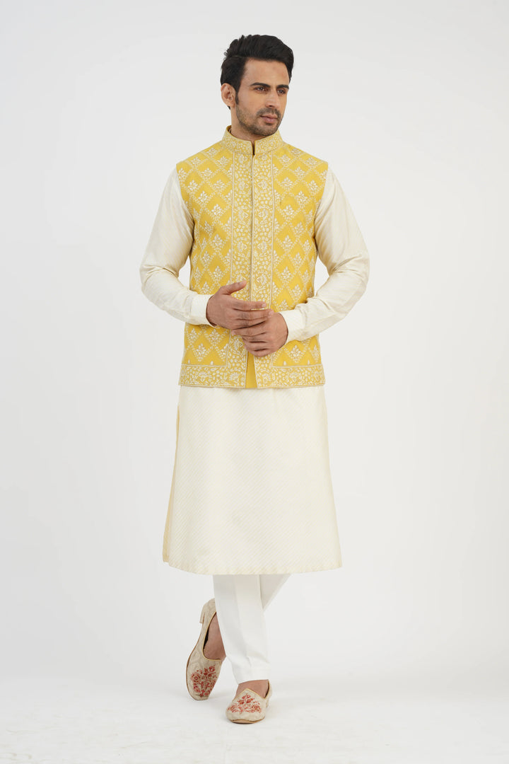 Yellow Embroidered Bundi Kurta Set