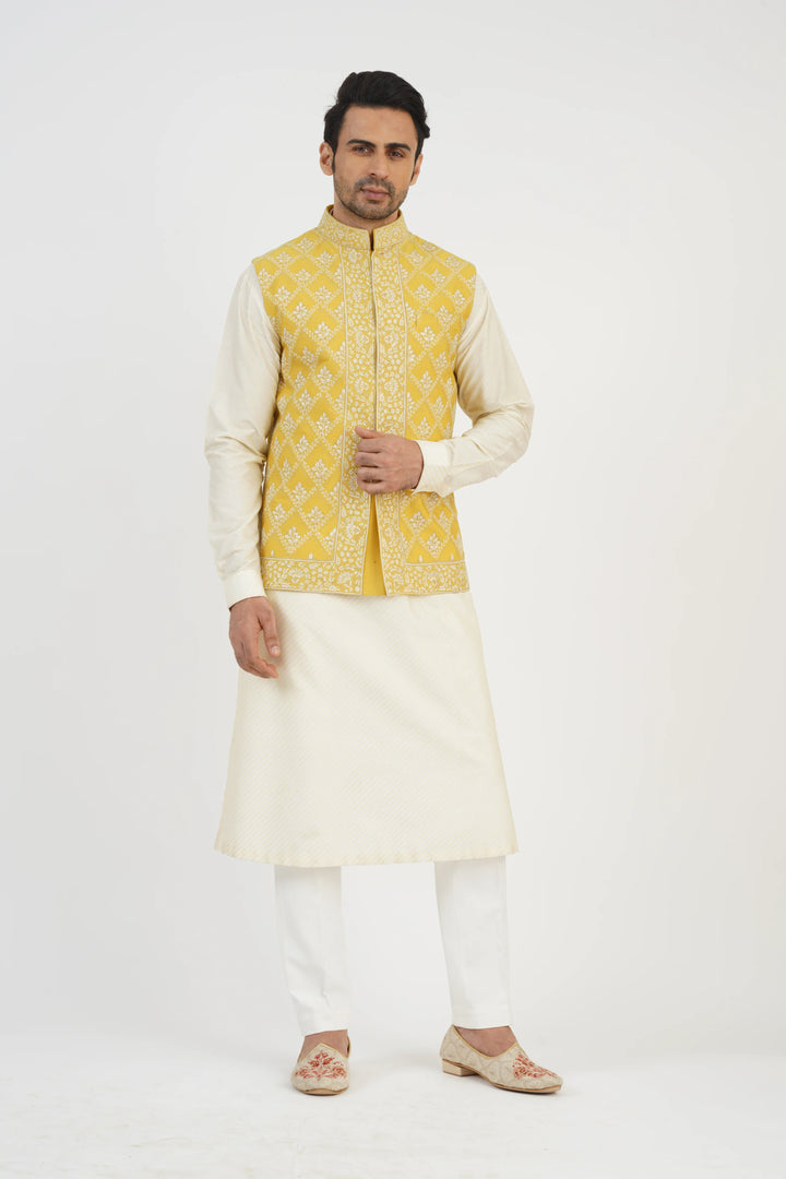 Yellow Embroidered Bundi Kurta Set