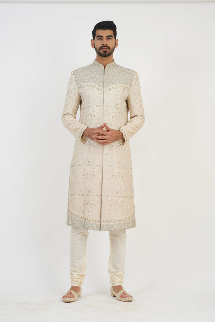 Light Beige Aari Embroidery and hand highlighted Sherwani