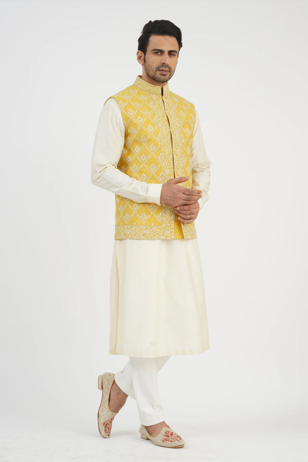 Yellow Embroidered Bundi Kurta Set