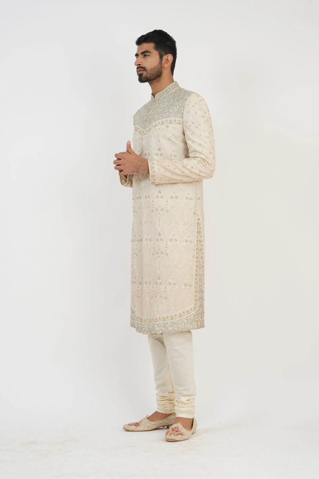 Light Beige Aari Embroidery and hand highlighted Sherwani