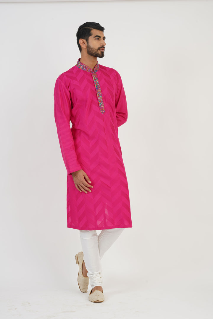 Rani Pink Pintuck Kurta with Kashmiri Embroidery Detailing