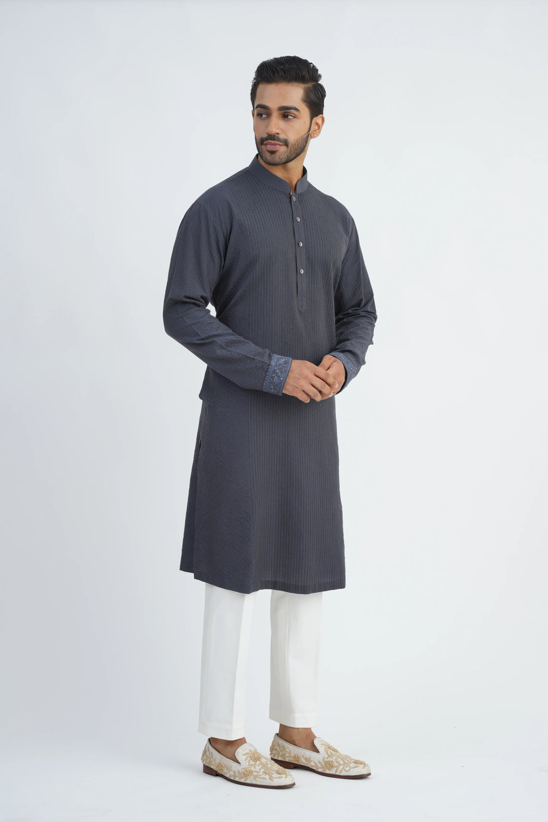 Dark Grey Heavy Embroidered Bundi Kurta Set