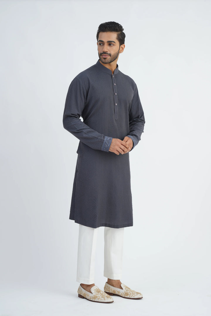 Dark Grey Heavy Embroidered Bundi Kurta Set