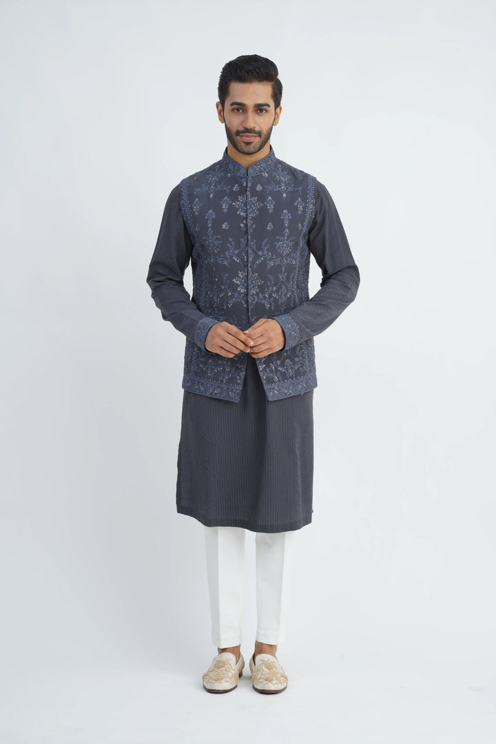 Dark Grey Heavy Embroidered Bundi Kurta Set