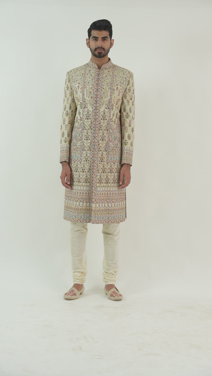 Beige Colourful Embroidered Sherwani Set