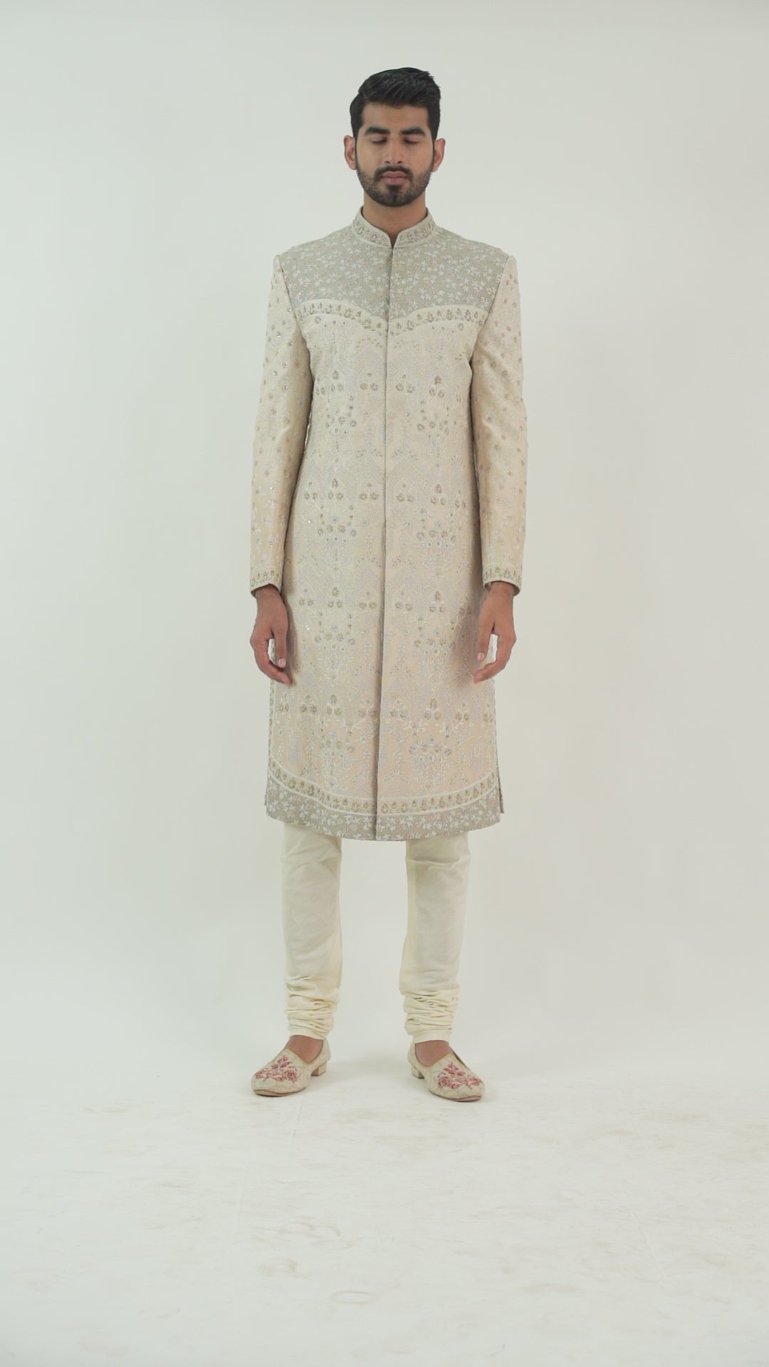 Light Beige Aari Embroidery and hand highlighted Sherwani