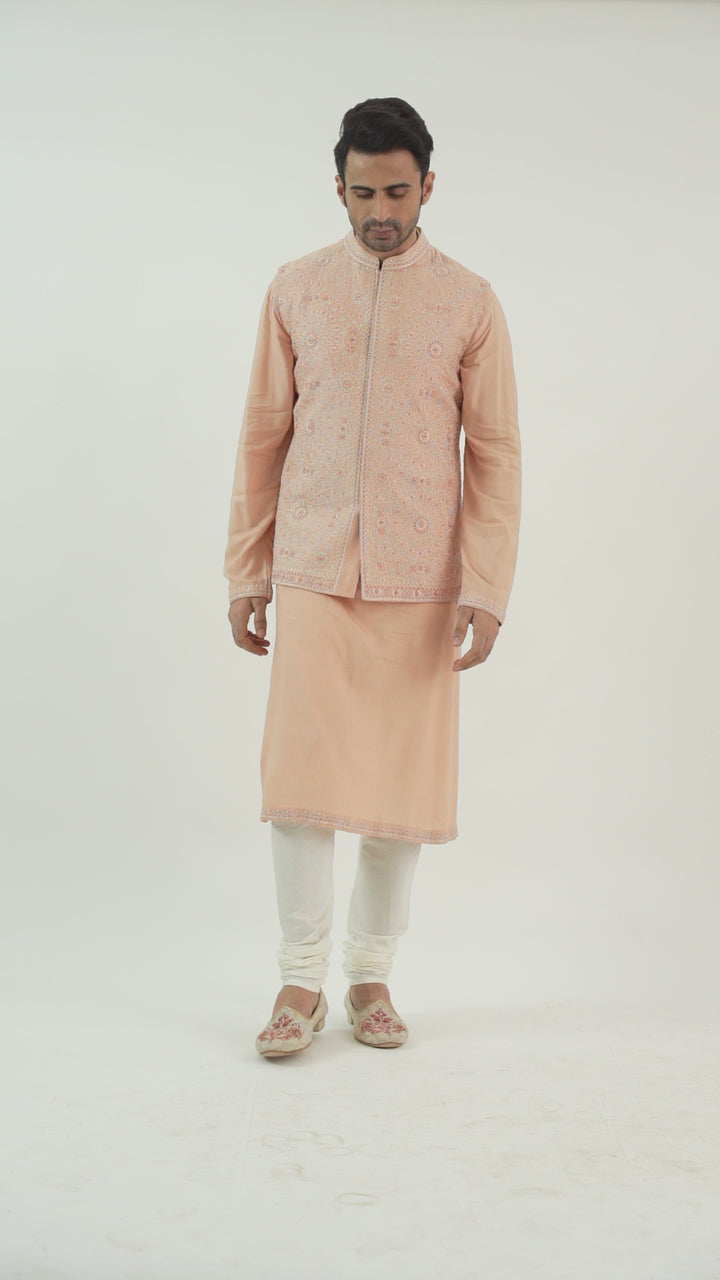 Peach Geometric Embroidered Bundi Kurta Set