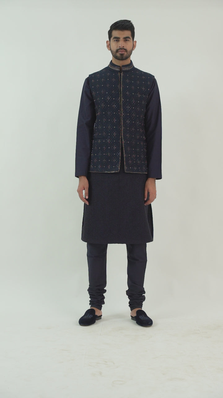 Navy Embroidered Bundi Kurta Set