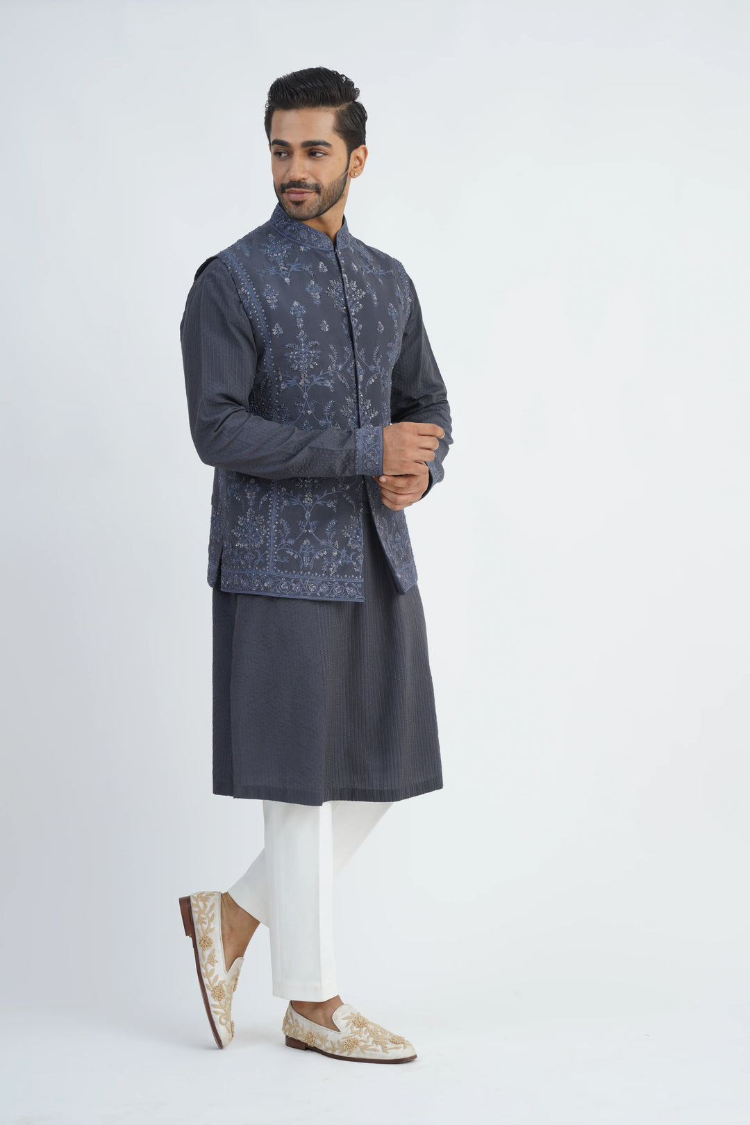 Dark Grey Heavy Embroidered Bundi Kurta Set