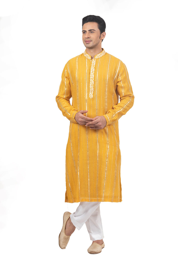 Yellow Kurta set With Intricate Hand Embroidered Collar And Placket