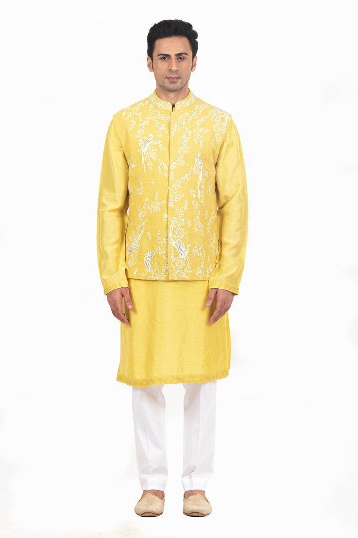 Yellow Floral Embroidered Bundi Kurta Set